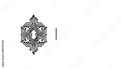 Circuit board inspired geometric symbol with a white background, representing technology and connectivity