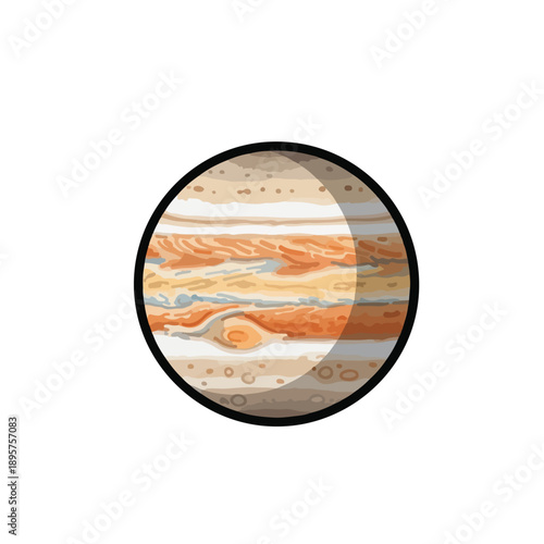A graphic illustration of a planet with swirling orange and white bands