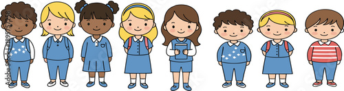 Adorable diverse students group flat vector illustration of children in school outfits for learning and classroom theme