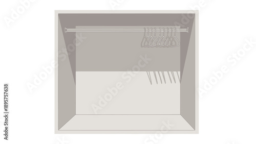 Empty modern closet with shelves and rods viewed from directly outside