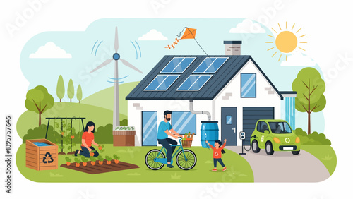 Family enjoying eco-friendly home with solar panels and wind turbines in a green landscape