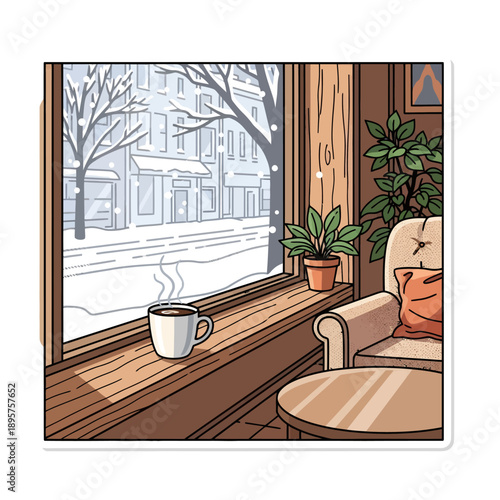 Cozy winter scene viewed from inside a warm room with a cup of coffee on the windowsill