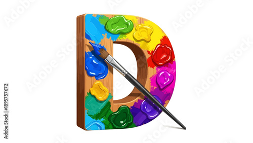 A vibrant 3D letter D filled with colorful paints and a brush resting on its surface