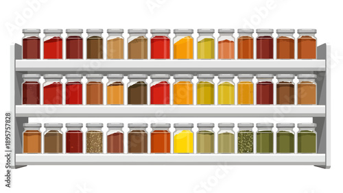 A white shelving unit displaying rows of colorful spice jars from a front viewpoint in a kitchen environment