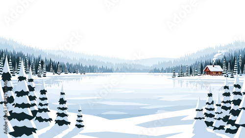 A serene winter landscape with a red cabin on a frozen lake surrounded by snow-covered trees and mountains in the distance