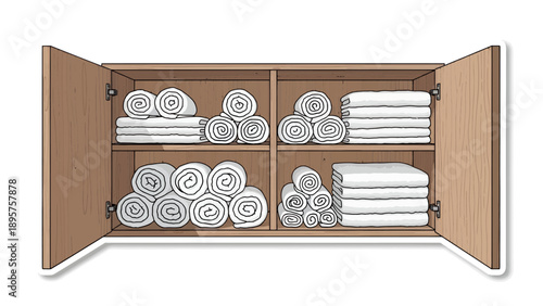 Shelves with neatly folded and rolled towels and linens inside a cabinet with open doors