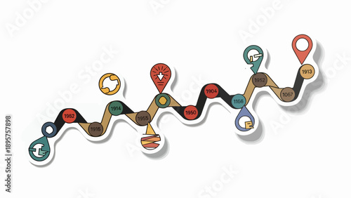 A wavy road map with various location markers and social media icons on a digital illustration