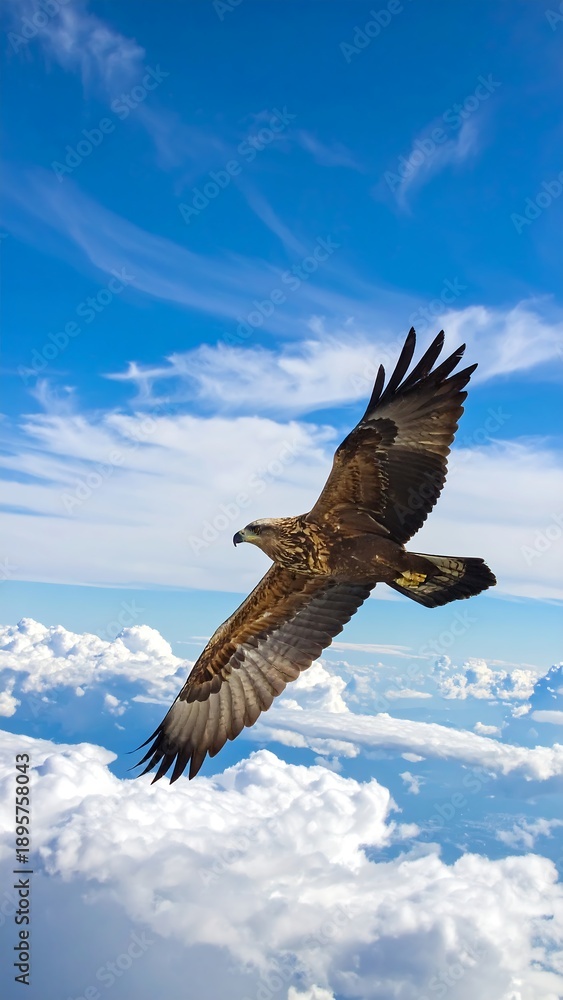 Obraz premium Eagle soaring high above fluffy clouds and blue sky
