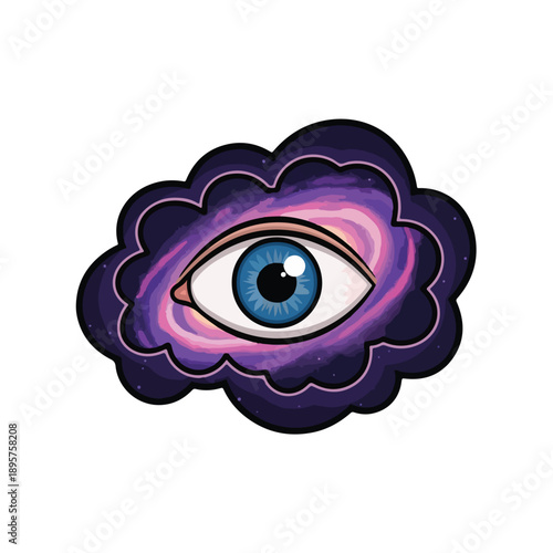A colorful illustration of an eye surrounded by purple and pink