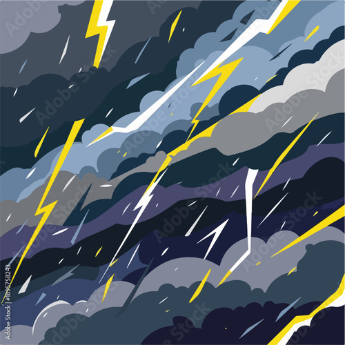 A stormy sky with lightning bolts and rain