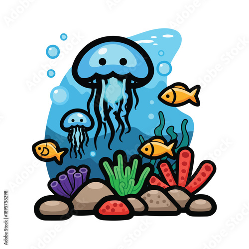 A colorful underwater scene with a jellyfish, fish, and coral