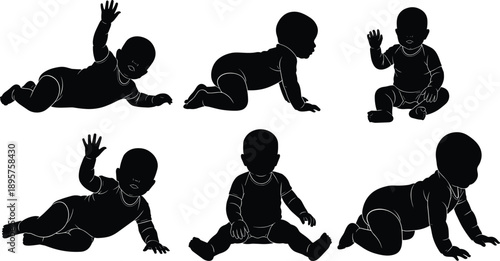 Baby Silhouette Collection Featuring Infant Developmental Stages Including Crawling Sitting Reaching and Playing Icons for Parenting Childcare and Early Childhood Education Design Projects