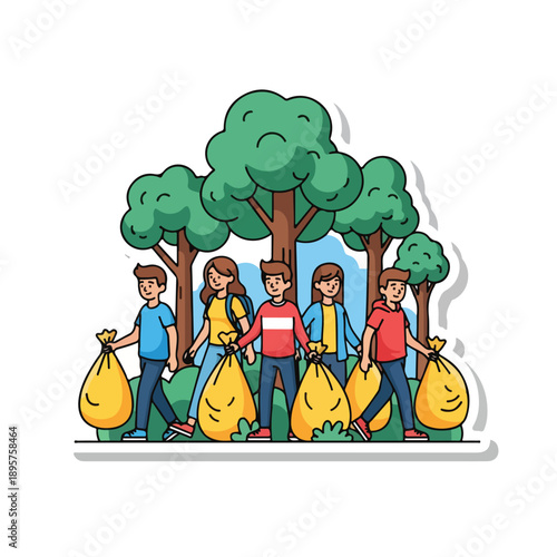 A group of young people cleaning up trash in a park