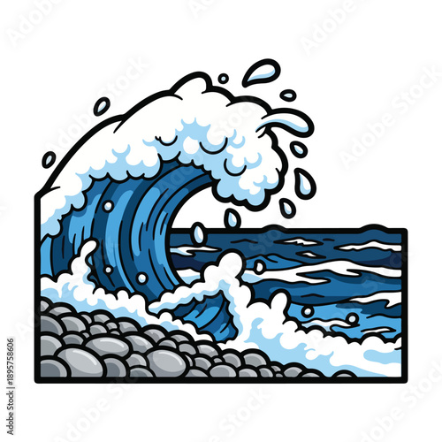 A large ocean wave crashing on rocky shore