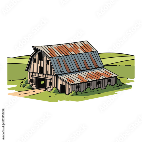 A rustic barn with a rusty roof in a green field