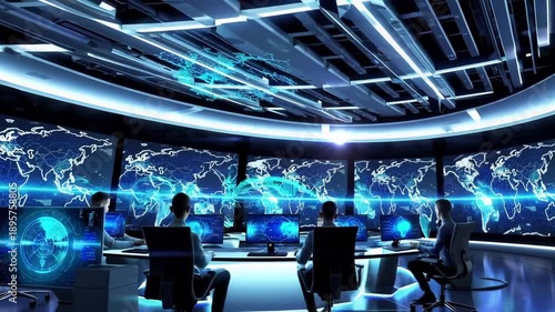 Cybersecurity operations center with team monitoring global data threats and digital networks. High-tech futuristic workplace.