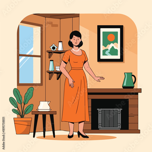 A woman in an orange dress standing in a cozy room