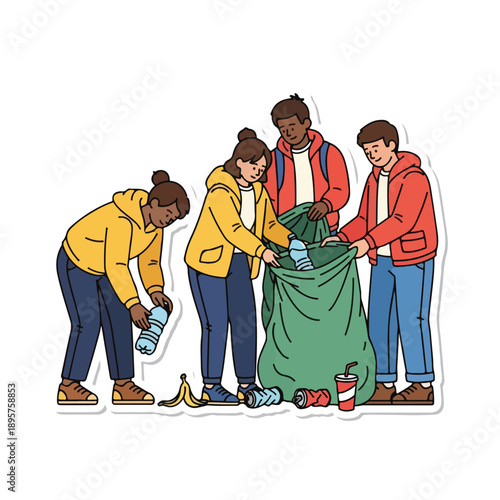 Four people collecting trash