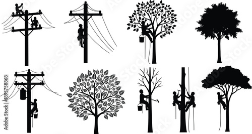 Black and white silhouette illustration of utility workers and linemen climbing power poles and trees, electrical maintenance and tree trimming concept set