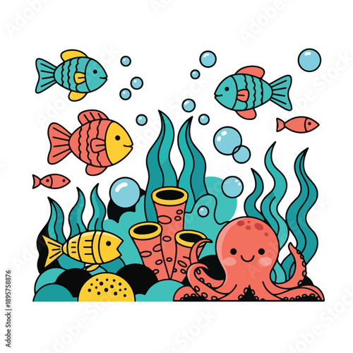Colorful cartoon ocean scene with smiling octopus and fish