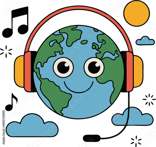 Fototapeta A happy, smiling Earth wearing large headphones and a headset, listening to music among clouds and stars