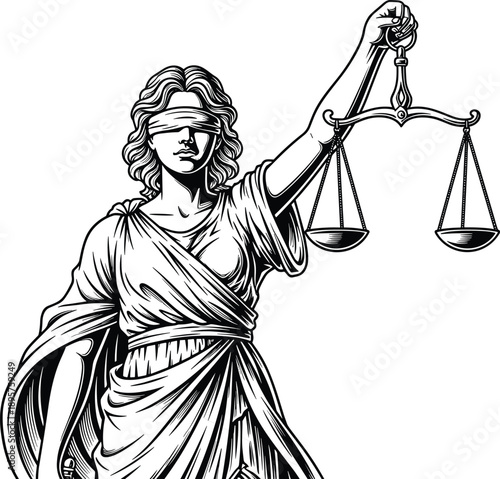 Vector, black, and, white, engraving, style, illustration, of, Lady, Justice, wearing, a, blindfold, and, holding, scales, for, law, legal, court, and, judicial, system, designs