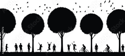Vector, black, silhouettes, of, people, and, children, playing, cycling, and, exercising, in, a, park, with, round, trees, and, birds, flying, for, community, leisure, and, nature, designs