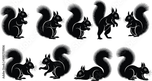 Set of black squirrel silhouettes in various poses, cute forest animal illustration collection isolated on white background for wildlife, nature, design, and creative projects