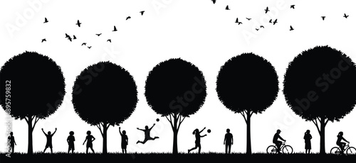 Vector, black, silhouettes, of, people, and, children, playing, cycling, and, exercising, in, a, park, with, round, trees, and, birds, flying, for, community, leisure, designs