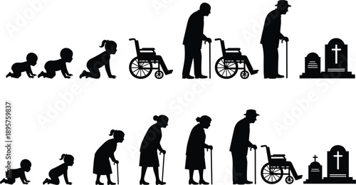 Vector, black, silhouettes, showing, the, human, life, cycle, from, crawling, babies, to, elderly, people, with, wheelchairs, and, walking, sticks, ending, at, a, gravestone