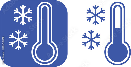 Blue snowflakes and thermometers on white and blue backgrounds