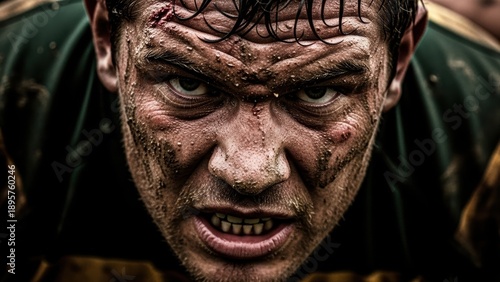Gritty and determined face of a muddy rugby player.