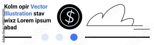 Dollar sign in dark circle beside abstract cloud lines, geometric dots, and horizontal lines. Ideal for finance, economy, business, savings, investment, fintech modern web simple landing page