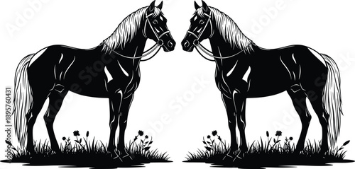 Two black horse silhouettes facing each other, elegant symmetrical animal illustration, equestrian wildlife art, rural nature scene, strength, beauty, and classic western design concept