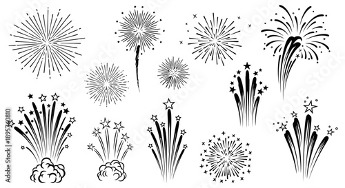 Collection of various hand-drawn firework illustrations for celebration and festive designs.
