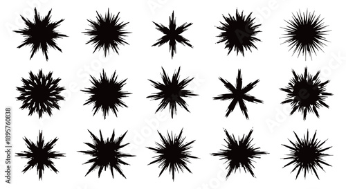 Abstract Black Starburst Shapes Collection on White Background.