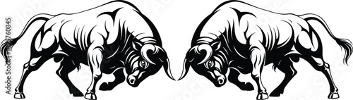 Two powerful bull silhouettes facing each other, aggressive animal confrontation illustration, strength and dominance concept, black vector artwork for sports branding, mythology, 