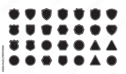 Collection of diverse black shield shapes and badges. Versatile vector set for emblems, logos, and security symbols.
