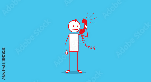 Stick Figure Talking on Red Retro Landline Phone, Vintage Communication Concept in Blue Studio Background