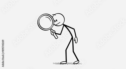 Stick Figure Character Holding Magnifying Glass Searching on Isolated White Background
