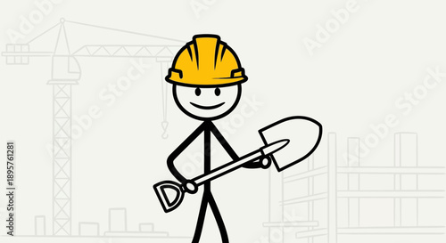 Stickman Character Builder with Hard Hat and Shovel at a Construction Site Background, Hard Work Concept