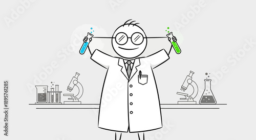 Happy Stick Figure Scientist Celebrating Experiment Success Holding Test Tubes in a Laboratory Setting