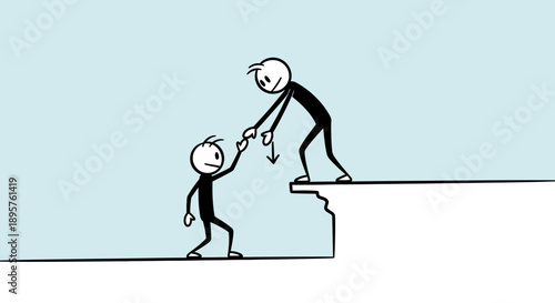 Stick Figure Man Helping Another Climb Ledge, Teamwork Support and Mentorship Concept