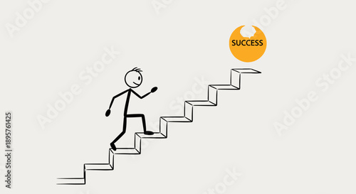 Stick Figure Man Climbing Stairs Towards Success Goal, Path to Achievement and Determination