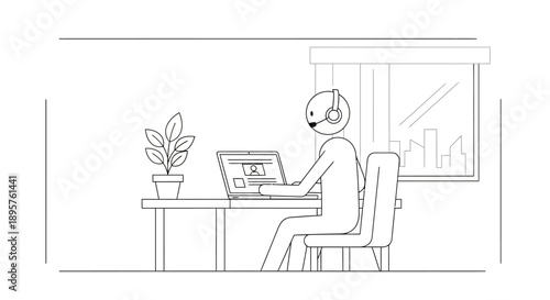 Stickman Character Working from Home on Laptop with Headphones by Window, Remote Work Concept