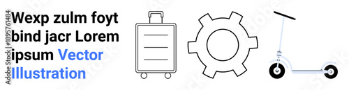 Luggage, gear, and scooter icons in minimalist black and white style, suggesting travel and innovation. Ideal for travel apps, mobility concepts, engineering, smart commuting, transportation project