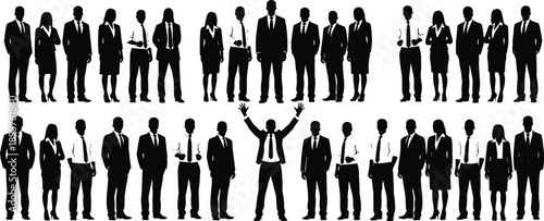 Vector, set, of, black, silhouettes, featuring, diverse, business, professionals, in, suits, and, formal, wear, including, a, leader, with, raised, arms, for, corporate, success, designs
