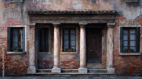 Historic weathered facade with classical columns and aged brickwork