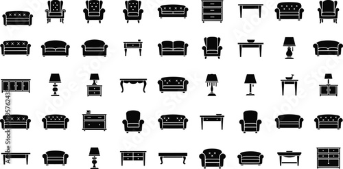 Vector, set, of, black, silhouettes, of, various, furniture, icons, including, sofas, armchairs, tables, lamps, and, dressers, for, interior, design, home, decor, and, furnishing, projects