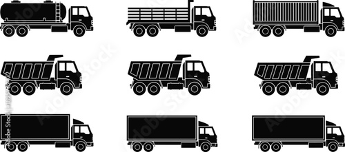 Vector, set, of, black, silhouettes, of, various, heavy, transport, trucks, including, tankers, dump, trucks, and, cargo, trailers, for, logistics, and, freight, industry, designs